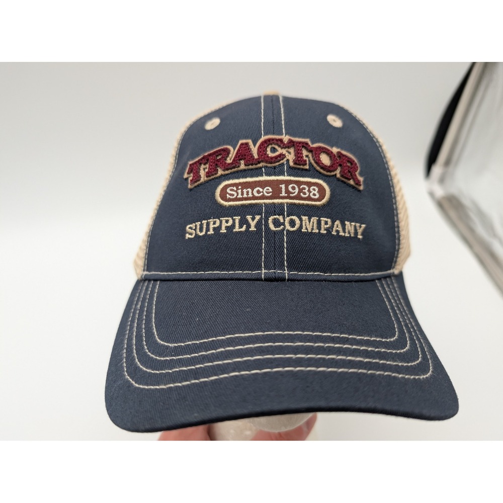 Tractor Supply Company Mens Trucker Hat Navy Blue Tan Mesh Adjustable Snapback